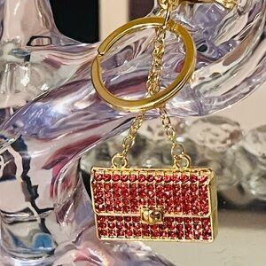 Gold and Red Rhinestone Purse Keychain